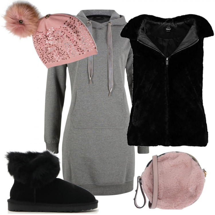 Outfit donna - Un tocco rosa. Stile Trendy per Tutti i giorni. Abbinamento con vestiti, borsa a tracolla, gilet con cappuccio nero, berretto, stivaletti.