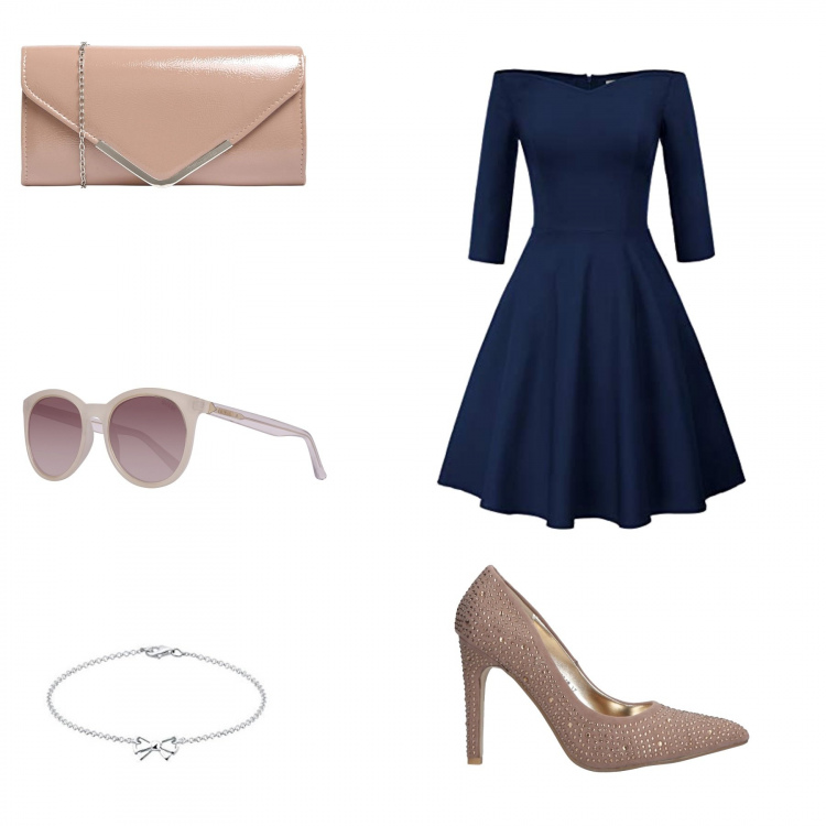 Outfit donna - Maria. Stile Chic per Serata fuori. Abbinamento con décolleté con strass effetto scamosciato a punta tinta unita, pochette beige, bracciale in sterling 925 argento, occhiali da sole, vestiti.