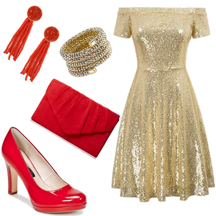 Outfit donna - Sofisticata e scintillante. Stile Trendy per Cerimonia. Abbinamento con bracciale con sfere oro, orecchini con perline arancione, scarpe rosso, vestiti, pochette.