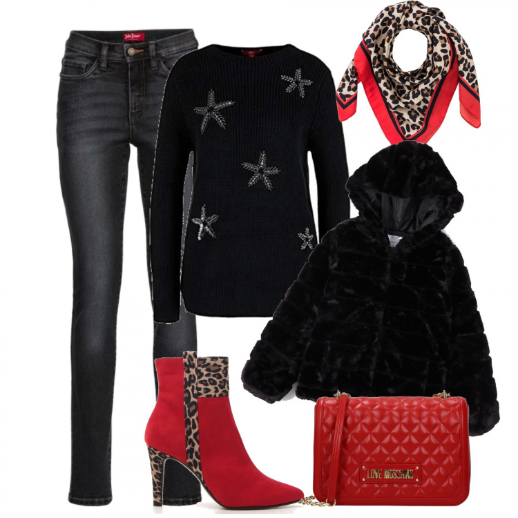Outfit donna - Grrrrr... intoso Natale. Stile Trendy per Serata fuori. Abbinamento con jeans slim fit, foulard, ecopelliccia con cappuccio taglia media con zip nero, borsa a spalla con logo frontale rosso, felpa, stivaletti.