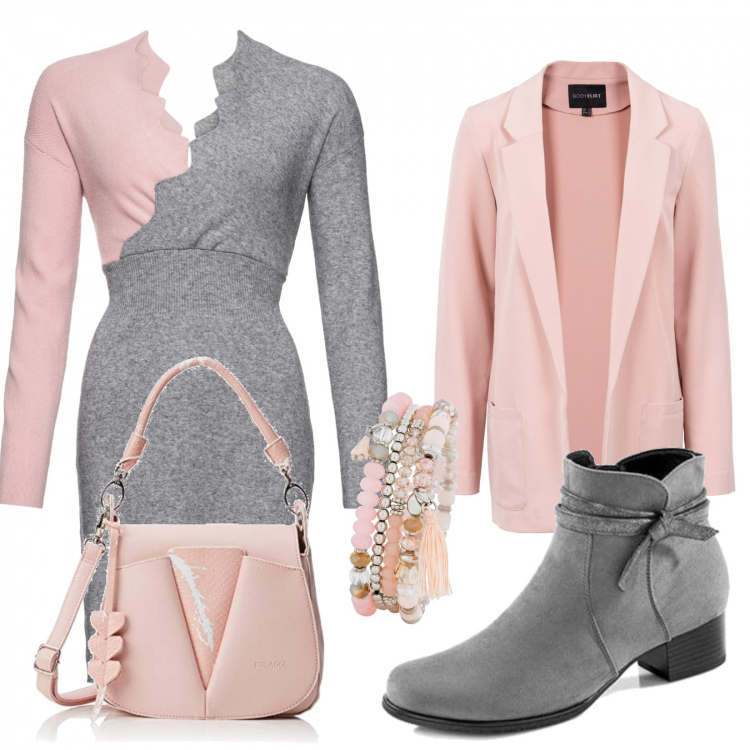 Outfit donna - Prosa pastello invernale. Stile Bon Ton per Tutti i giorni. Abbinamento con vestiti corti, vestito a portafoglio spacchi laterali in in maglia rosa, braccialetti, stivaletti grigio, borsa a mano.