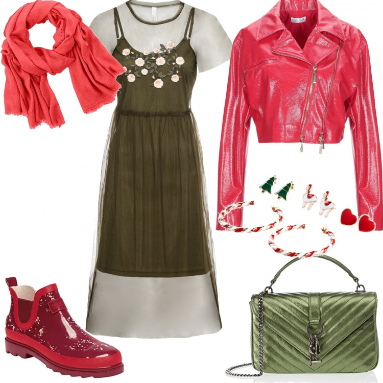 Outfit donna - #Mi vesto bene con poco aNatale. Stile Trendy per Serata fuori. Abbinamento con giubbotto effetto vernice collo classico a maniche lunghe con zip interno foderato in pelle sintetica tinta unita, costumi interi, vestito con ricamo in tulle verde, stivali di gomma, borse a mano, sciarpa.