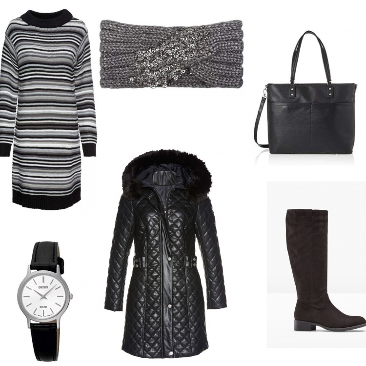 Outfit donna - Un vestito per te. Stile Basic per Tutti i giorni. Abbinamento con stivali, cappotti, borse a tracolla, fasce per capelli, orologio analogico con cinturino, scarpa.