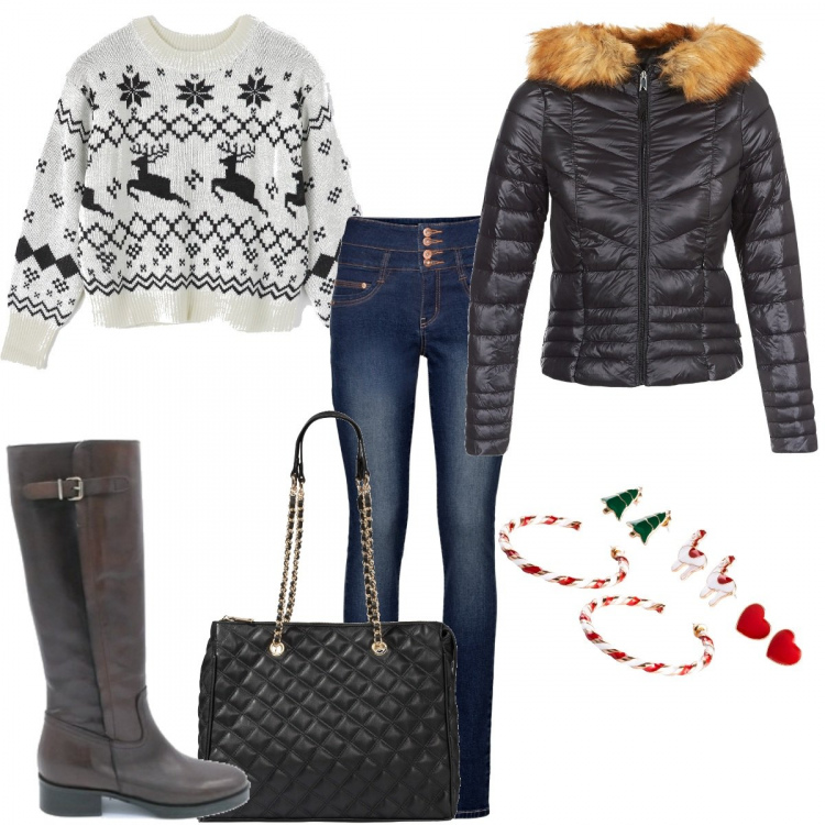 Outfit donna - Il maglione di Natale. Stile Basic per Tutti i giorni. Abbinamento con costumi interi, jeans, shopping bag, maglione con ricamo jacquard bianco, stivali, piumino nero.