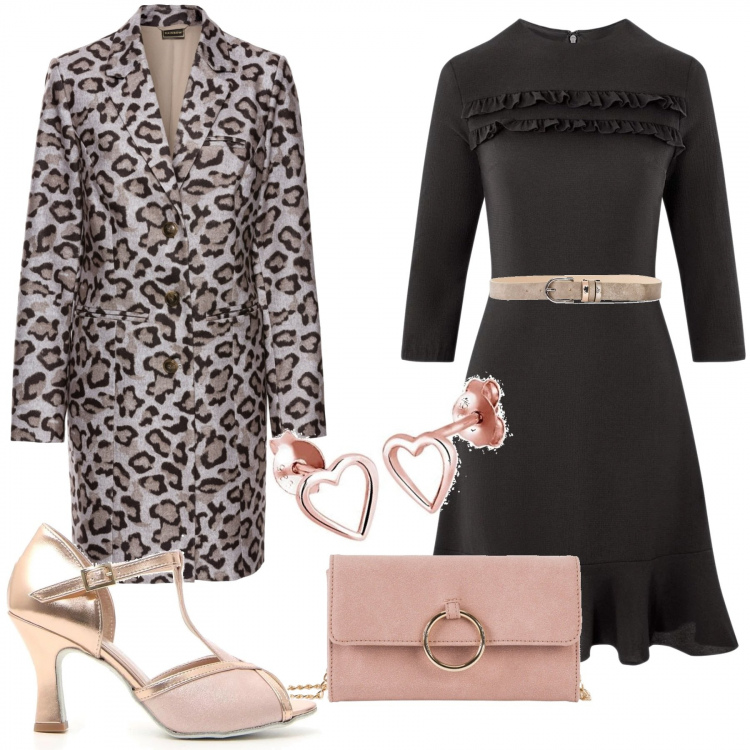 Outfit donna - Stasera si balla. Stile Chic per Serata fuori. Abbinamento con cappotti, cintura effetto metallizzato con fibbia in pelle sintetica argento, cappotto fantasia con spalline tinta unita marrone, vestito con balze aderente nero, scarpe, orecchini.