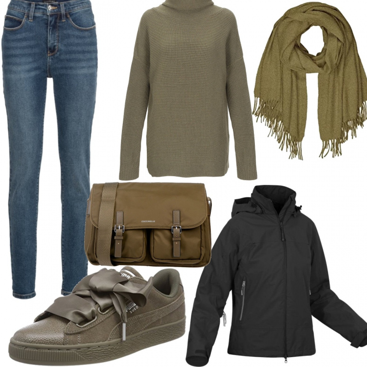Outfit donna - Freddo!. Stile Basic per Tutti i giorni. Abbinamento con jeans skinny, pullovers, borsa a spalla, giubbotto, scarpe con cuore effetto scamosciato con lacci da ginnastica grigio, sciarpe.