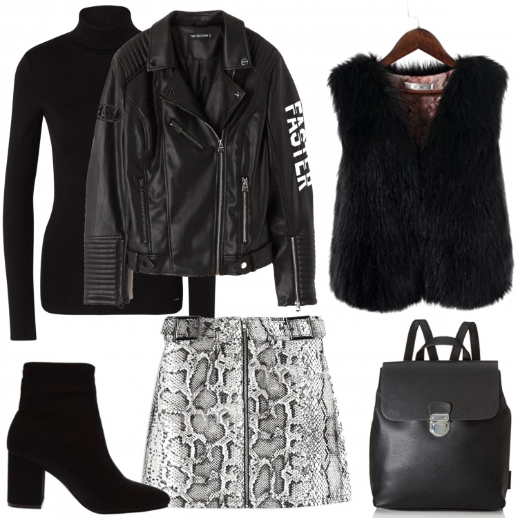 Outfit donna - Trendy #35939. Stile Trendy per Serata fuori. Abbinamento con stivaletti, gonna, giubbino in ecopelle tinta unita nero, gilet, zaini, t-shirt a maniche lunghe in denim nero.