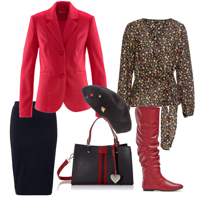 Outfit donna - Total look #391244. Abbinamento con cappelli e berretti, maglieria, blazer, stivali, borse a tracolla, gonna midi taglia unica blu.