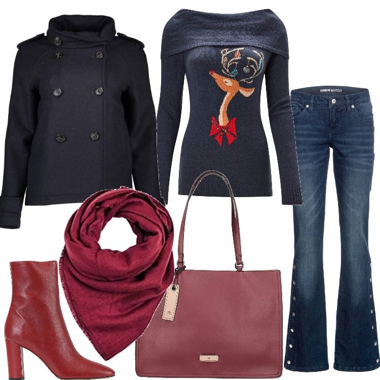 Outfit donna - Il maglione a tema natalizio. Stile Trendy per Tutti i giorni. Abbinamento con jeans a zampa, stivaletti, borsa a tracolla rosso, felpa, trench, sciarpe.