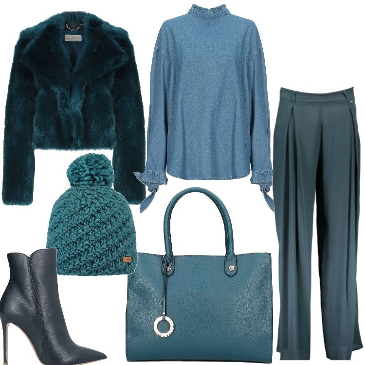 Outfit donna - Trendy per le feste. Stile Trendy per Tutti i giorni. Abbinamento con camicia jeans collo tondo a maniche lunghe con fibbia in denim tinta unita, stivaletti con tacco spillo e zip a punta tinta unita, ecopelliccia, borsetta verde, pantaloni, berretti.