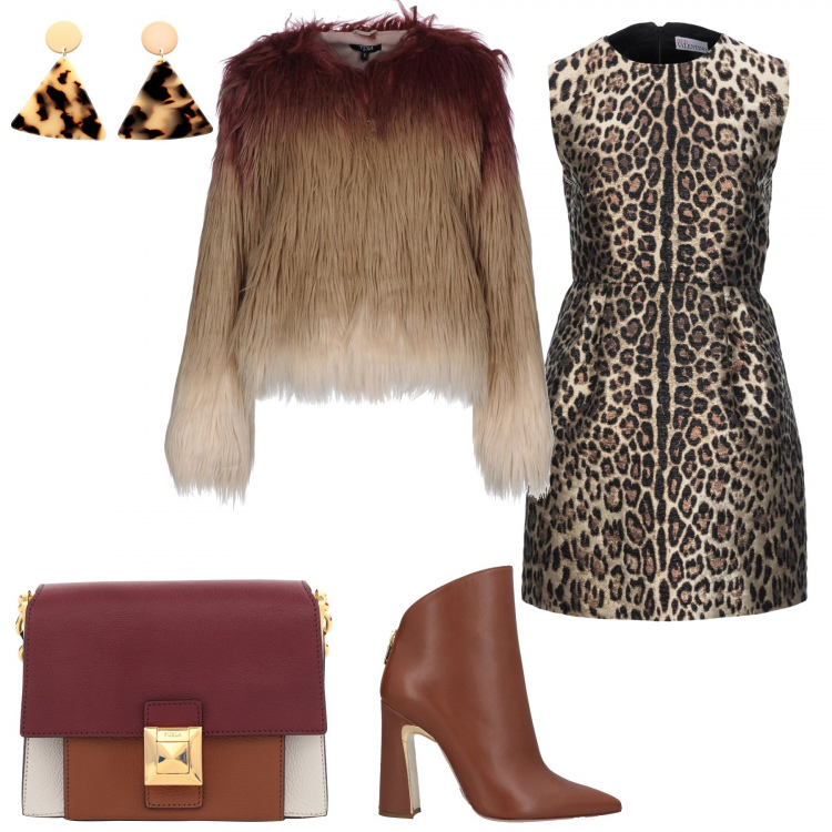 Outfit donna - Capodanno. Stile Trendy per Serata fuori. Abbinamento con stivaletti con tacco squadrato e zip a punta in pelle tinta unita, vestito corto a trapezio fantasia effetto laminato collo tondo senza maniche con zip interno foderato jacquard, ecopelliccia, borsa a mano mini con manico fantasia multicolore in pelle martellata a scatto in pelle con tracolla regolabile, orecchini.
