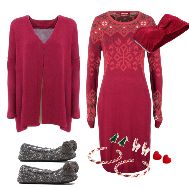 Outfit donna - Pranzo di Natale in casa. Stile Basic per Tutti i giorni. Abbinamento con costumi interi, vestiti, pantofole, cappello con fasce in in maglia rosso, gilet.