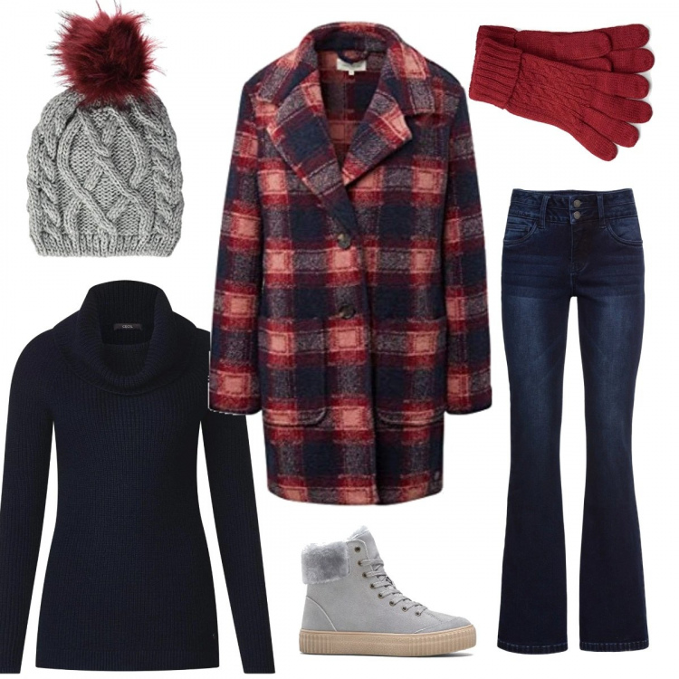 Outfit donna - Due passi ai mercatini di Natale. Stile Urban per Tutti i giorni. Abbinamento con jeans bootcut, stivaletti, cappotti, jeans, felpa blu, berretti.