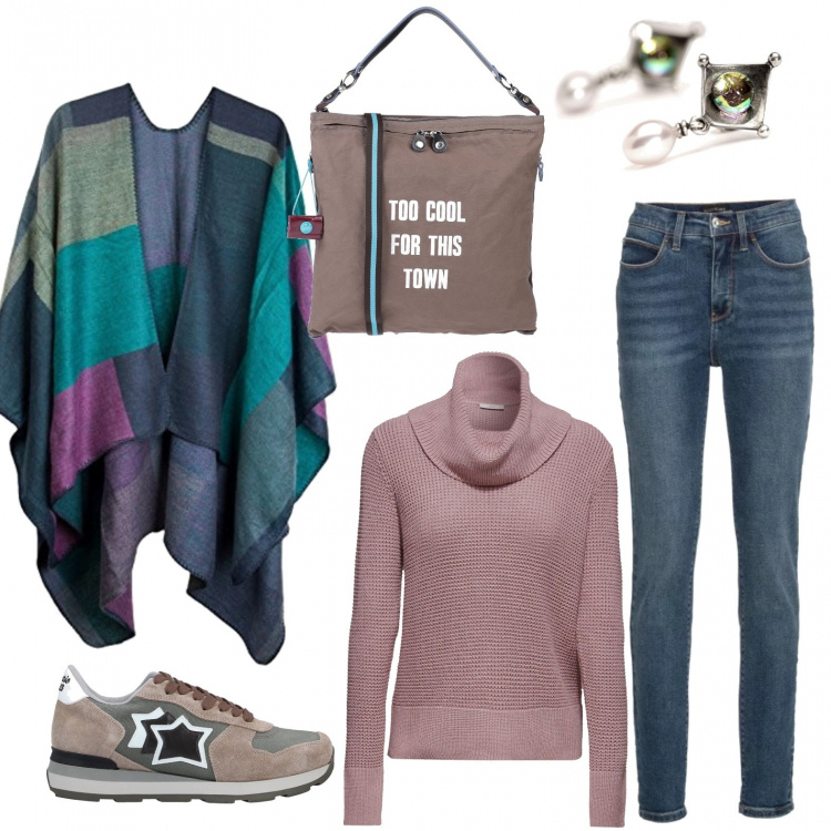 Outfit donna - Look invernale. Stile Basic per Tutti i giorni. Abbinamento con jeans skinny, sneakers, borsa a mano, pullover, poncio, orecchini in argento 925.