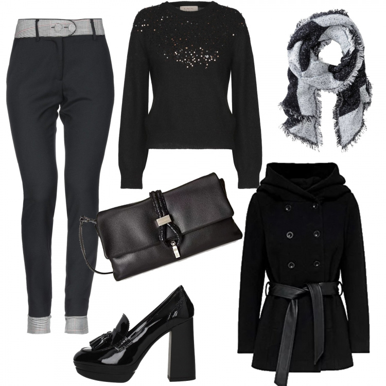 Outfit donna - Scambio di regali con le amiche. Stile Basic per Serata fuori. Abbinamento con sciarpe, pantalone con zip in flanella tinta unita, pullover, décolleté, cappotto, clutch.