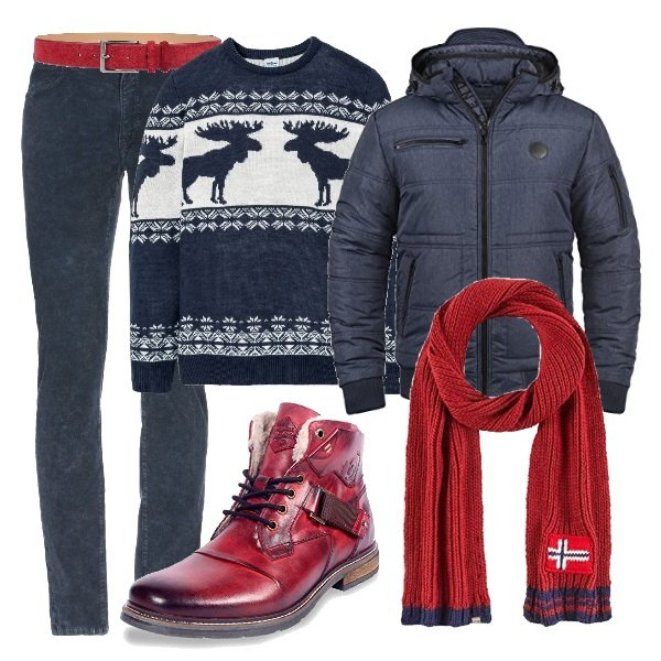 Outfit uomo - Jingle Bells - regala un outfit per lui. Stile Casual per Tutti i giorni. Abbinamento con maglieria, pantalone lungo, cinture, stivaletti rosso e nero, giacche, sciarpa contrasto in in maglia rosso.