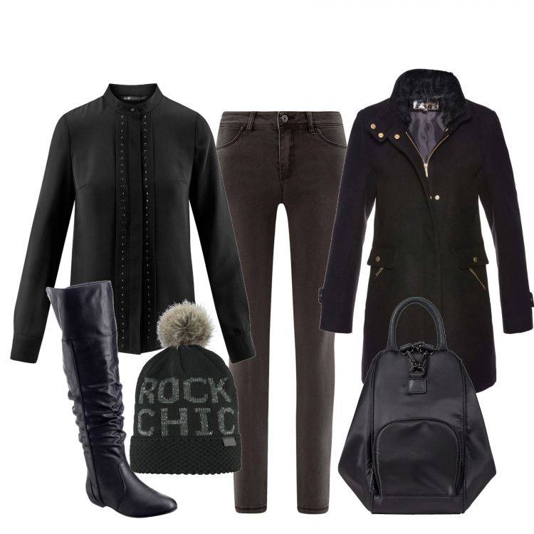 Outfit donna - Knee high boot winter. Stile Basic per Tutti i giorni. Abbinamento con stivali sopra il ginocchio, giacca con zip, zaino, berretto beanie nero, camicetta con strass collo alto taglio dritto aderente nero, jeans skinny aderente grigio.