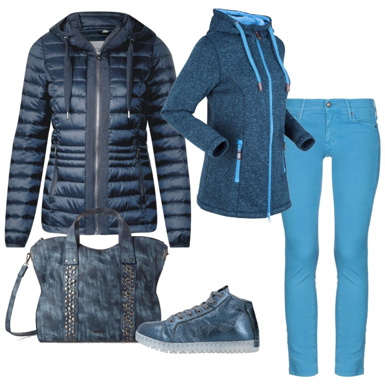 Outfit donna - Blu e turchese. Stile Basic per Tutti i giorni. Abbinamento con blazer, pantalone lungo, sneakers tennis effetto laminato con punta tonda tinta unita, blazer, shopping bag in denim taglia unica blu.