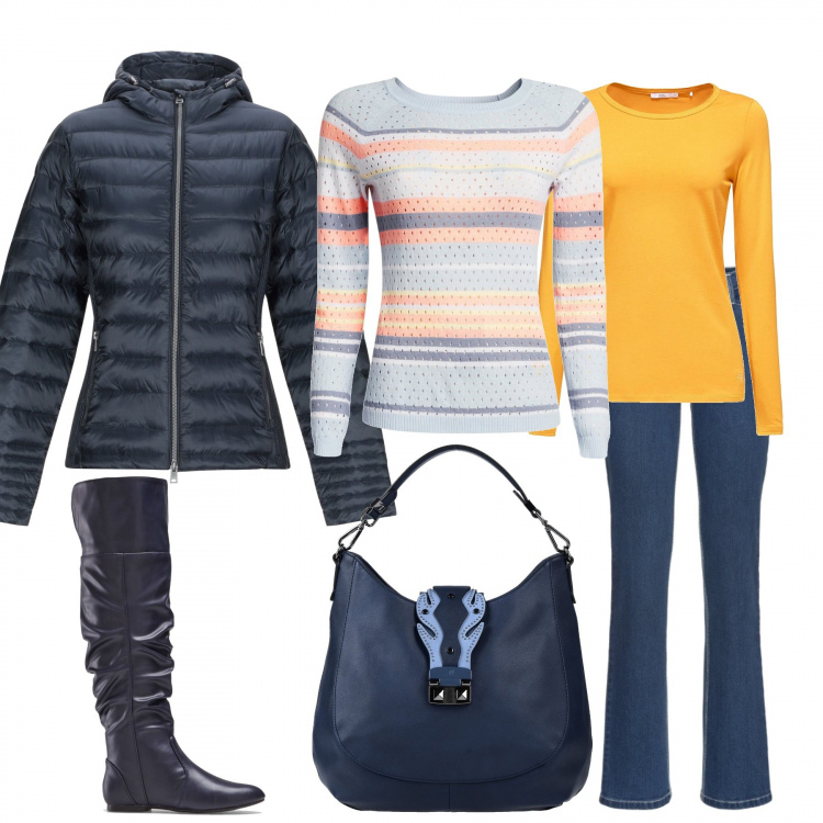 Outfit donna - Di corsa a comprare i regali. Stile Basic per Tutti i giorni. Abbinamento con borsa a mano con manico e borchie taglia media con zip interno foderato in pelle sintetica tinta unita, piumino con cappuccio a maniche lunghe con zip interno imbottito in tessuto tecnico tinta unita, gonne lunghe, stivali, maglione traforato, pullovers.