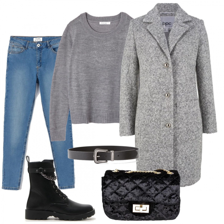 Outfit donna - Grey trend. Stile Trendy per Tutti i giorni. Abbinamento con vestiti, maglieria, maglione melange girocollo grigio, jeans, borsa a tracolla nero, stivaletti.