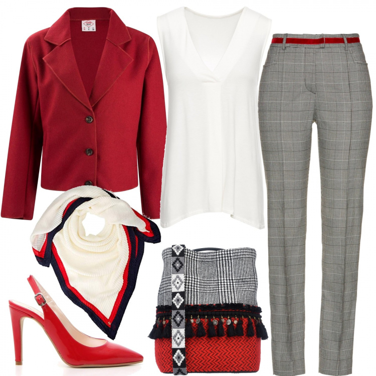Outfit donna - Perfetta in ufficio. Stile Basic per Ufficio. Abbinamento con top, maglieria, borsa a spalla, cappotto, sciarpe, décolleté.