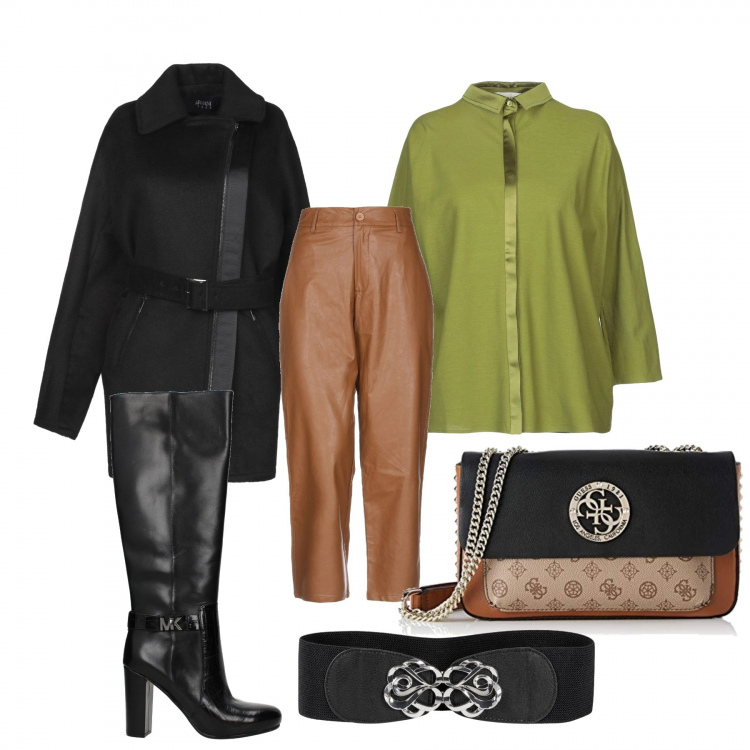 Outfit donna - Pantaloni di pelle. Stile Trendy per Tutti i giorni. Abbinamento con cinture, cappotto, camicia collo classico a maniche lunghe in cotone jersey, pantalone lungo, stivali nero, borse a tracolla.