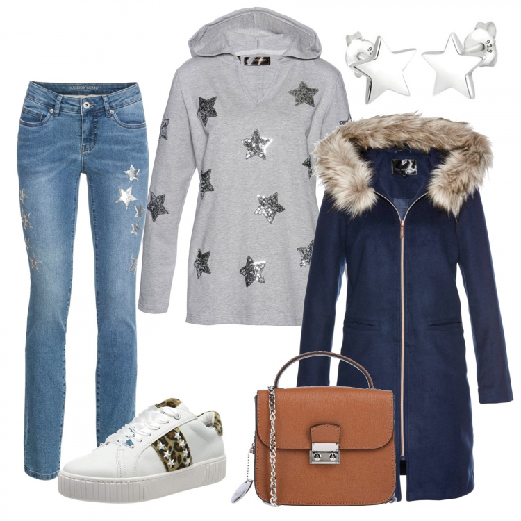 Outfit donna - A star is born. Stile Urban per Tutti i giorni. Abbinamento con cappotto, felpe, cinture, borsa a tracolla petit a scatto interno foderato tinta unita, scarpe da ginnastica bianco, orecchini.
