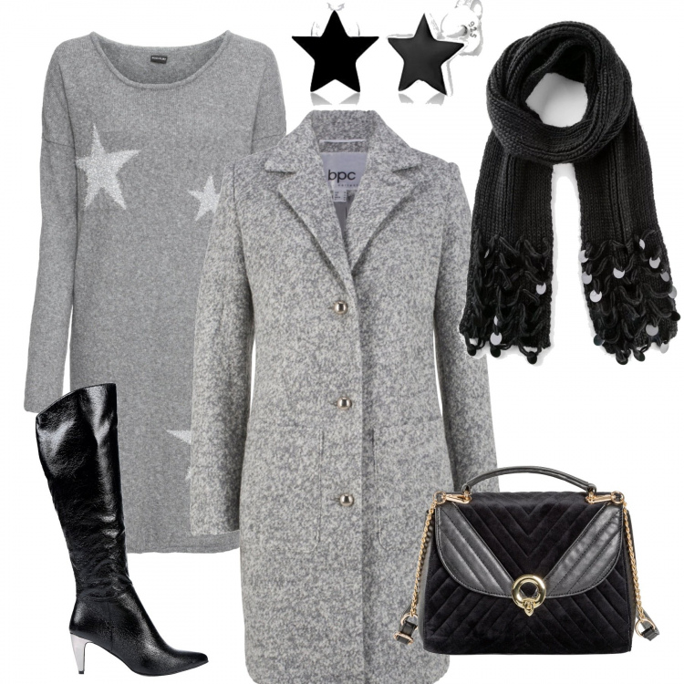 Outfit donna - Natale low cost. Stile Trendy per Serata fuori. Abbinamento con reggiseni, maglieria, sciarpe, borsa a mano nero, stivali effetto vernice con zip a punta in pelle sintetica tinta unita, orecchini.