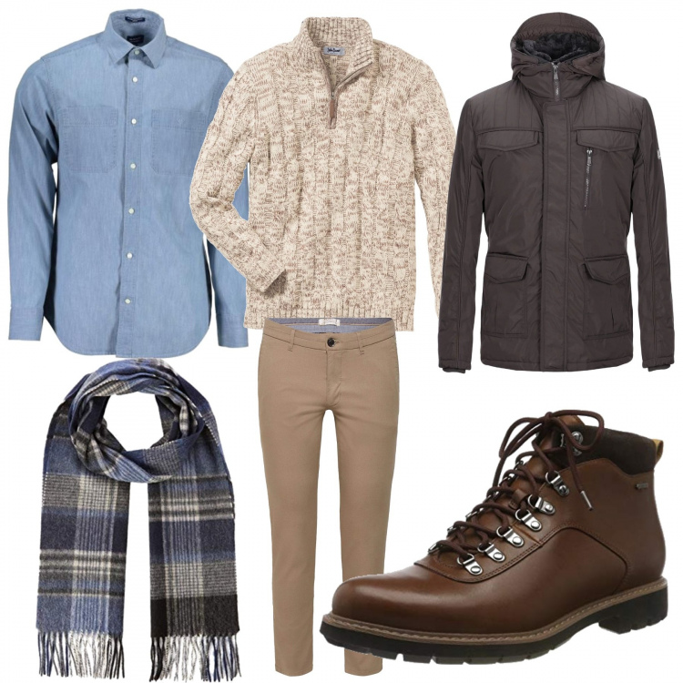 Outfit uomo - Dicembre Uomo. Stile Casual per Tutti i giorni. Abbinamento con maglieria, piumino con cappuccio a maniche lunghe con zip in tessuto tecnico tinta unita, stivaletti in pelle marrone, pantalone beige, camicie, sciarpe.