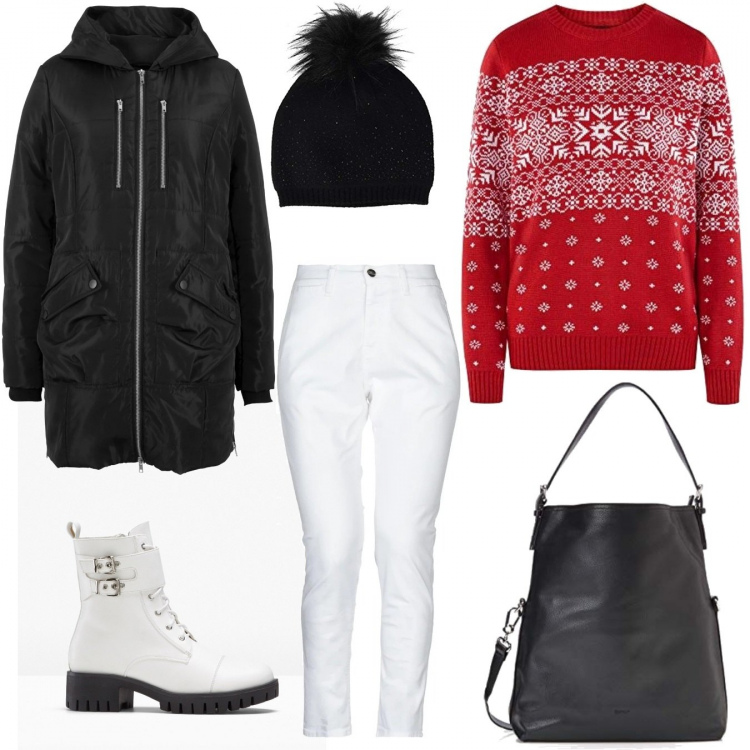 Outfit donna - Inverno in bianco, rosso e nero. Stile Basic per Scuola/Università. Abbinamento con giacca nero, stivaletti, pantalone chino, borse a spalla, cuffia nero, maglioni.