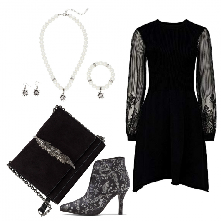 Outfit donna - Galà di Natale con budget 100 euro. Stile Trendy per Serata fuori. Abbinamento con tronchetti fantasia floreale nero, borse a tracolla, braccialetti, vestito con pizzo multicolore e nero.