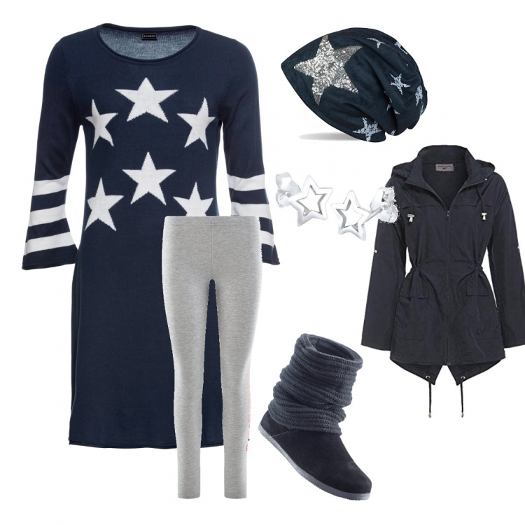 Outfit donna - Esprimi un desiderio. Stile Urban per Tutti i giorni. Abbinamento con stivali, vestiti, impermeabile stile militare, berretti, leggings sport con stampa in in maglia aderente grigio, orecchini.