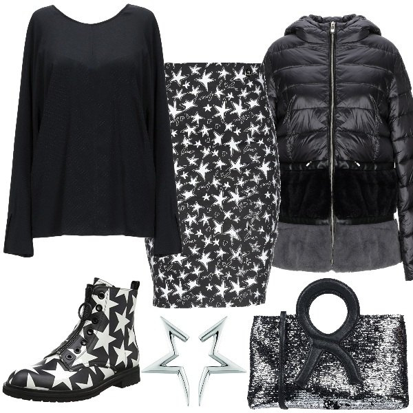 Outfit donna - Che Stella!!!. Stile Trendy per Tutti i giorni. Abbinamento con piumino, blusa effetto acetato collo tondo a maniche lunghe in seta crêpe, gonna al ginocchio fantasia con zip interno sfoderato jersey, borse a mano, orecchini a perno, stivaletti.