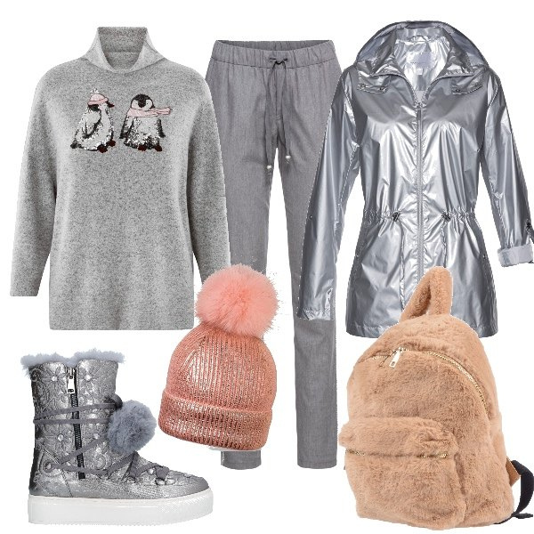 Outfit donna - Basic #22780. Stile Basic per Tutti i giorni. Abbinamento con pantalone lungo, tute sportive, stivaletti, borsa, maglione, berretto.