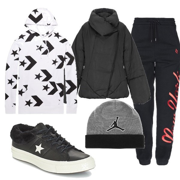 Outfit donna - Urban #12374. Stile Urban per Tutti i giorni. Abbinamento con giubbotto, pantaloni, sneakers, felpa con cappuccio con stampa, berretto multicolore.