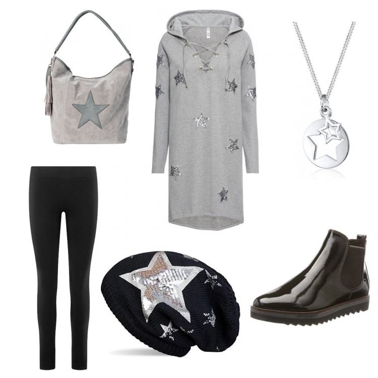 Outfit donna - Stelle. Stile Urban per Tutti i giorni. Abbinamento con vestiti, borsa a mano argento, stivaletti chelsea, leggings, berretti, ciondoli.