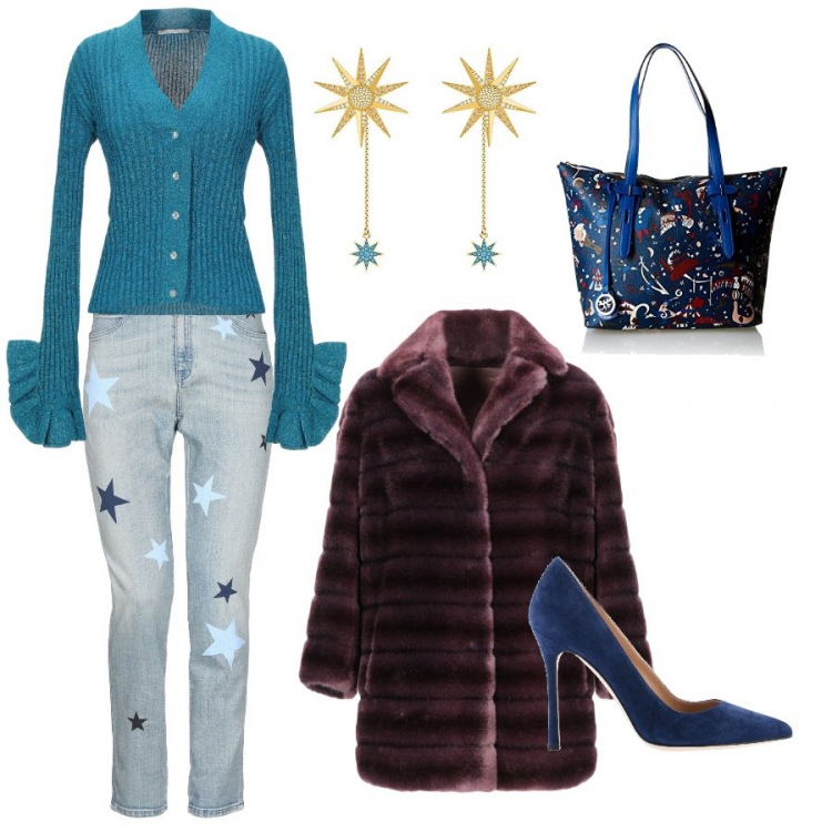 Outfit donna - Mi sento una stella. Stile Trendy per Tutti i giorni. Abbinamento con cardigan con strass lavorato a maglia scollatura profonda a maniche lunghe senza tasche tinta unita, jeans, ecopelliccia, décolleté, pendente con logo blu, orecchini.