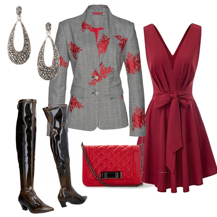 Outfit donna - Natale low cost. Stile Trendy per Serata fuori. Abbinamento con blazer, pochette rosso, orecchini, stivali sopra il ginocchio, vestito forma svasata.