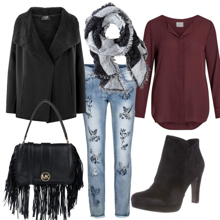 Outfit donna - Frange. Stile Trendy per Tutti i giorni. Abbinamento con sciarpe, jeans skinny, borsa a cartella, camicie, cardigan, stivaletti.