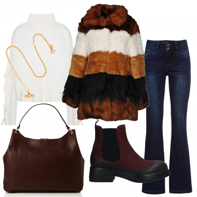 Outfit donna - Accessori color cioccolato. Stile Basic per Tutti i giorni. Abbinamento con jeans bootcut, ecopelliccia, stivaletti con tacco squadrato e punta tonda tinta unita, blazer collo a dolcevita, collane, borse a spalla.