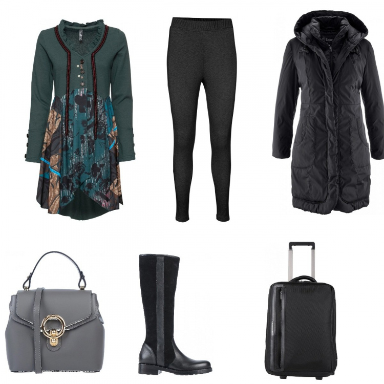 Outfit donna - Una valigia per te. Stile Basic per Tutti i giorni. Abbinamento con blazer, giacca, jeggings, stivali effetto scamosciato con tacco squadrato e punta tonda tinta unita, borsa a mano mini con manico a scatto interno foderato tinta unita, valigie.