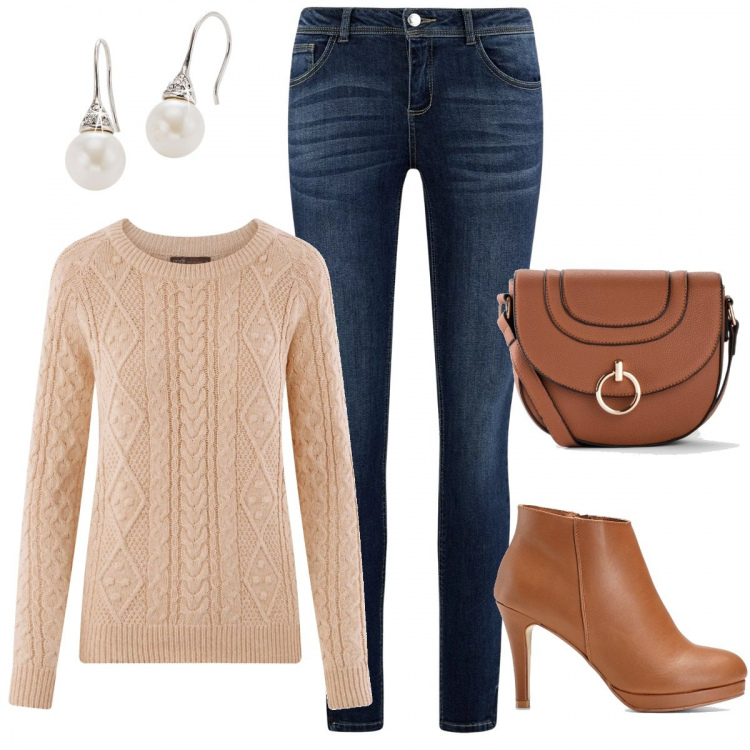 Outfit donna - Il maglione con le trecce. Stile Basic per Tutti i giorni. Abbinamento con maglieria, top, orecchini, maglioni, jeans skinny vita alta con zip aderente blu.