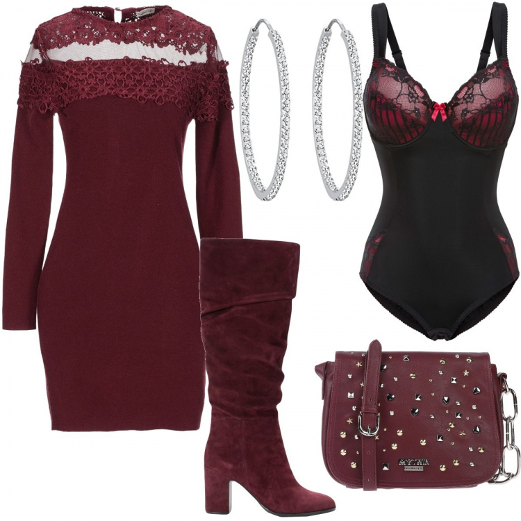 Outfit donna - Regalo Borsa. Stile Chic per Serata fuori. Abbinamento con body con ferretto e spalline con gancetti, borsa a tracolla mini con borchie interno foderato in pelle sintetica tinta unita, vestiti corti, zeppe, orecchini.