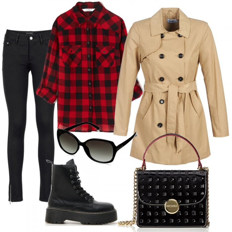 Outfit donna - Urban trend. Stile Urban per Tutti i giorni. Abbinamento con pantaloni, camicia a quadri rosso, cappotto beige, stivaletti, borsa a tracolla, occhiali da sole nero.
