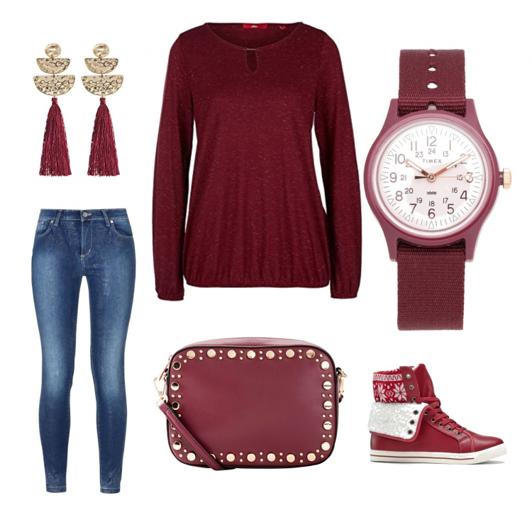 Outfit donna - Basic #22831. Stile Basic per Tutti i giorni. Abbinamento con sneakers alte, borsa a tracolla con zip e tasca interna rosso, orecchini, jeans a tubo con stampa delavé con zip in denim con bottoni, orologi, maglia.