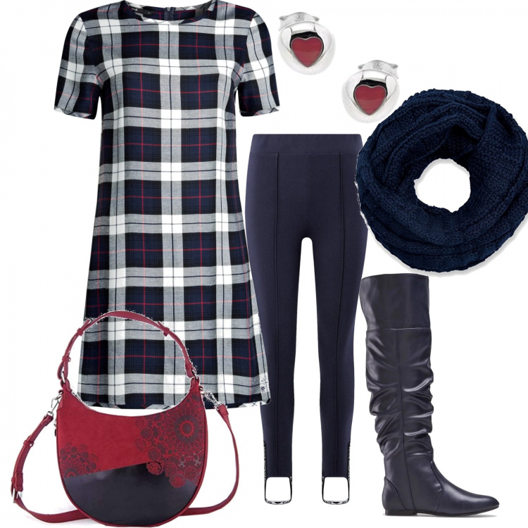 Outfit donna - La borsa a cui non posso rinunciare. Stile Trendy per Tutti i giorni. Abbinamento con stivali, vestiti, leggings sportivo, borsa a tracolla, sciarpa, orecchini.