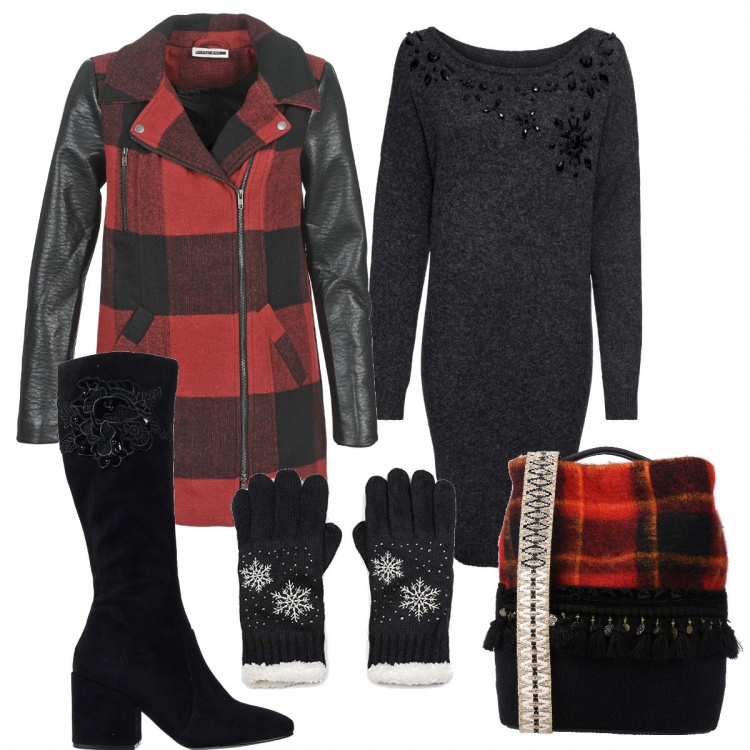 Outfit donna - Il regalo dell\'ultimo minuto. Stile Basic per Tutti i giorni. Abbinamento con vestito con scollo in in maglia nero, stivali, borse a spalla, cappotto rosso, guanti.