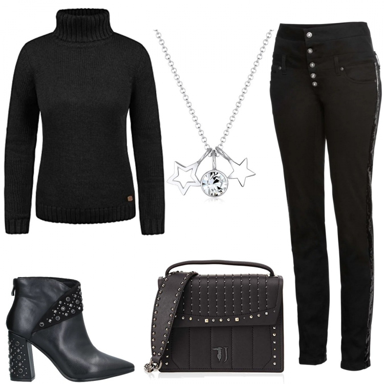 Outfit donna - Due stelle da tenere sul cuore. Stile Basic per Tutti i giorni. Abbinamento con pantaloni, stivaletti, maglione collo alto, borsa a tracolla nero, ciondoli.