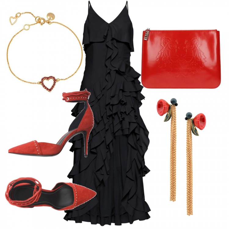 Outfit donna - Seducente abito con volants. Stile Sexy per Serata fuori. Abbinamento con décolleté con borchie a punta tinta unita, orecchini con farfallina in ottone oro, bluse, pochette con logo frontale rosso, braccialetto.