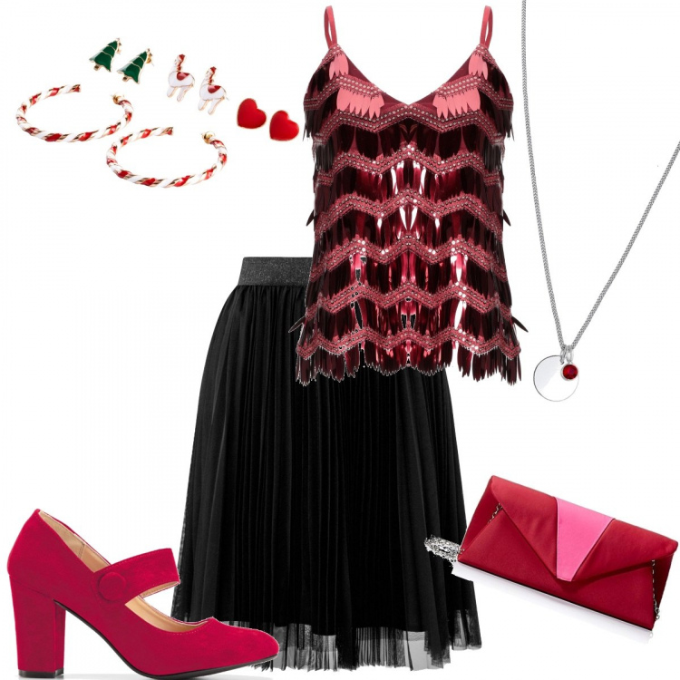 Outfit donna - Natale...elegante con poco. Stile Chic per Serata fuori. Abbinamento con top contrasto con paillettes senza maniche in raso tinta unita, costumi interi, décolleté con cinturino rosso, gonne longuette, pochette, collane.